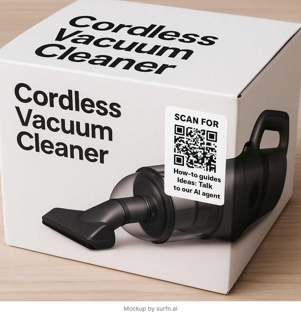 Product packaging mockup showing a vacuum cleaner box with a QR code sticker that links to an AI assistant for setup guidance, feature walkthroughs, and support.