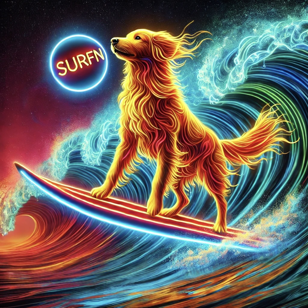 Vibrant illustration of a glowing dog surfing on waves with a 'Surfn' logo, symbolizing Surfn AI's ability to help businesses ride the wave of data for growth and automation.